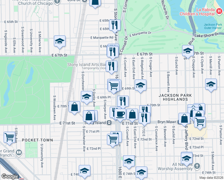 map of restaurants, bars, coffee shops, grocery stores, and more near 1523 East 69th Street in Chicago
