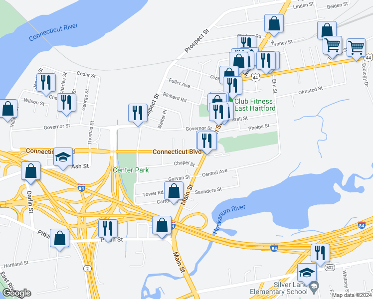 map of restaurants, bars, coffee shops, grocery stores, and more near 28 Connecticut Boulevard in East Hartford