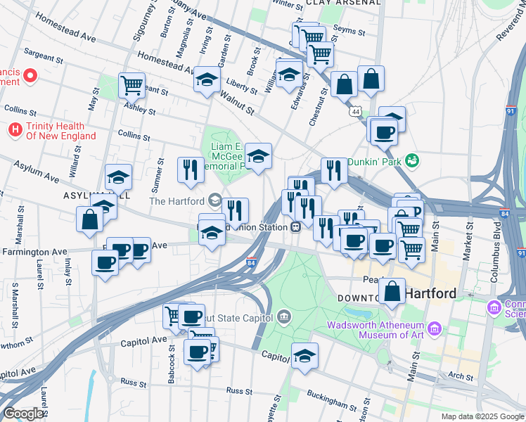 map of restaurants, bars, coffee shops, grocery stores, and more near 105 Spring Street in Hartford