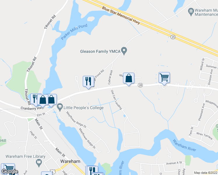map of restaurants, bars, coffee shops, grocery stores, and more near Cranberry Hwy & Cabral Way in Wareham