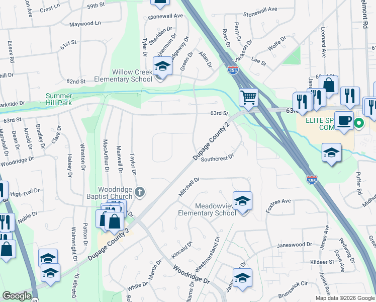 map of restaurants, bars, coffee shops, grocery stores, and more near in DuPage County