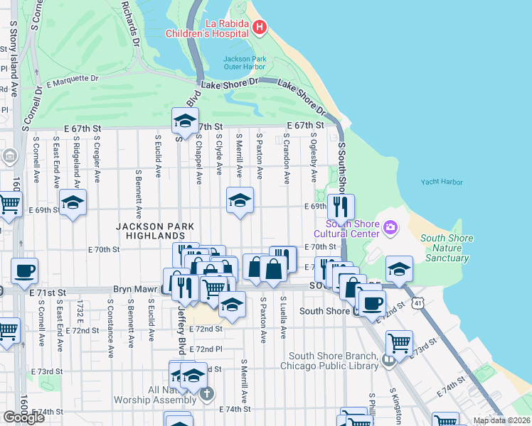 map of restaurants, bars, coffee shops, grocery stores, and more near 6901 South Paxton Avenue in Chicago
