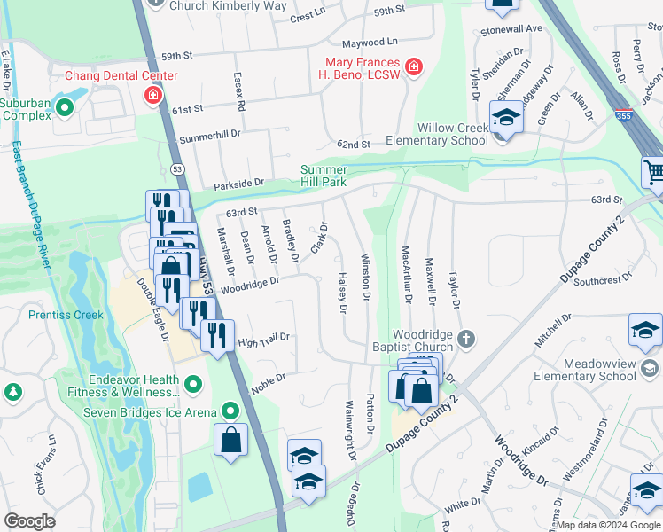 map of restaurants, bars, coffee shops, grocery stores, and more near 6420 Halsey Drive in Woodridge