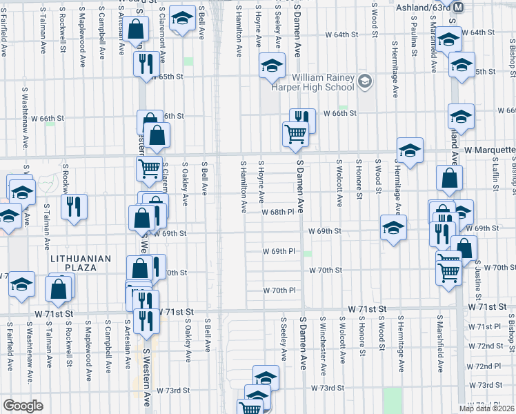 map of restaurants, bars, coffee shops, grocery stores, and more near 2109 West 68th Place in Chicago