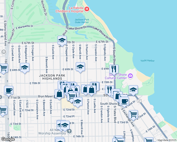map of restaurants, bars, coffee shops, grocery stores, and more near 6917 South Paxton Avenue in Chicago