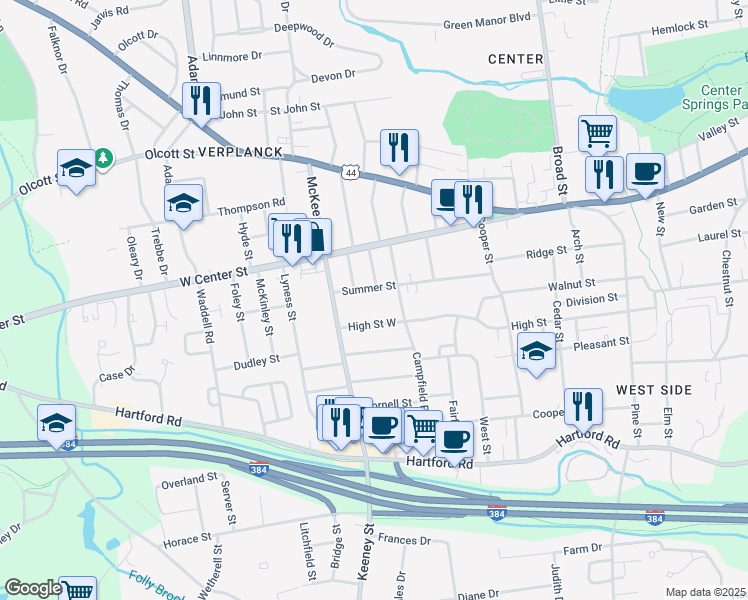map of restaurants, bars, coffee shops, grocery stores, and more near 249 High Street in Manchester