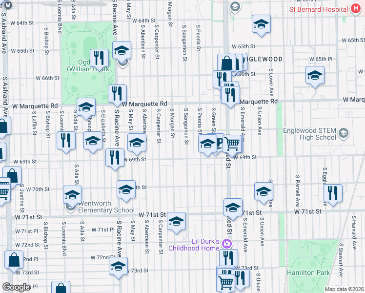 map of restaurants, bars, coffee shops, grocery stores, and more near 922 West 69th Street in Chicago