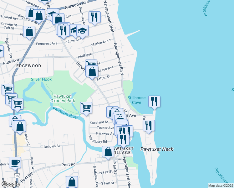 map of restaurants, bars, coffee shops, grocery stores, and more near 1 Stratford Road in Cranston