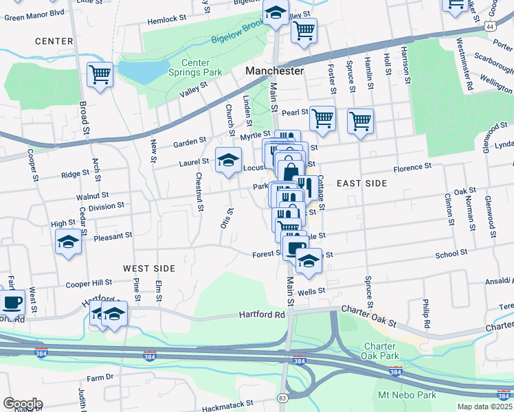 map of restaurants, bars, coffee shops, grocery stores, and more near 17 Garden Drive in Manchester