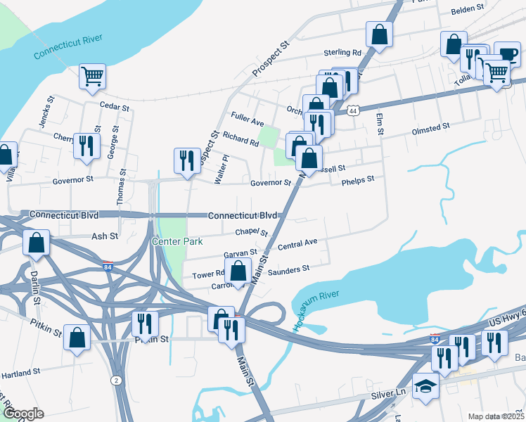map of restaurants, bars, coffee shops, grocery stores, and more near 837 Main Street in East Hartford