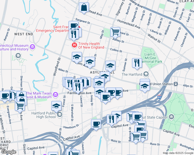map of restaurants, bars, coffee shops, grocery stores, and more near 17 Niles Street in Hartford
