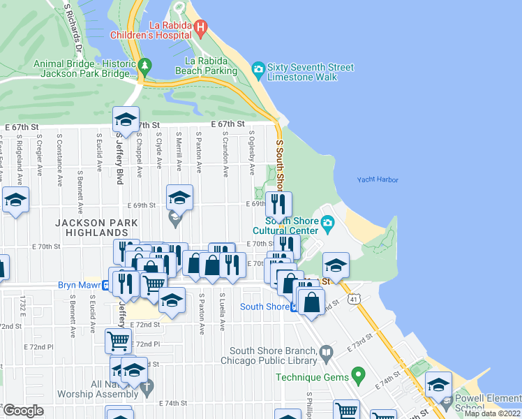 map of restaurants, bars, coffee shops, grocery stores, and more near 6926 South Oglesby Avenue in Chicago