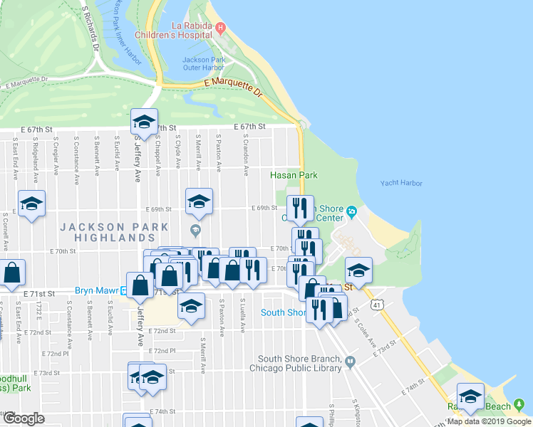 map of restaurants, bars, coffee shops, grocery stores, and more near 6926 South Oglesby Avenue in Chicago