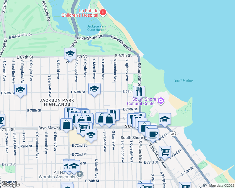 map of restaurants, bars, coffee shops, grocery stores, and more near 6928 South Crandon Avenue in Chicago