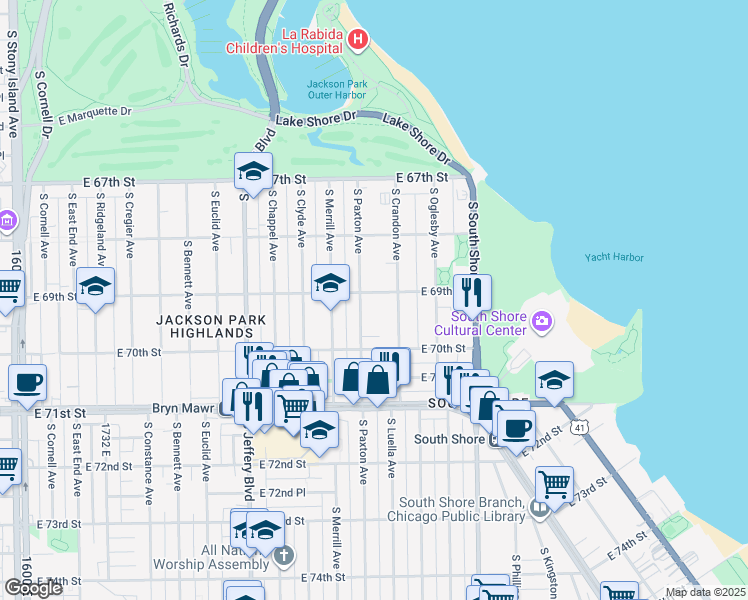 map of restaurants, bars, coffee shops, grocery stores, and more near 6917 South Paxton Avenue in Chicago