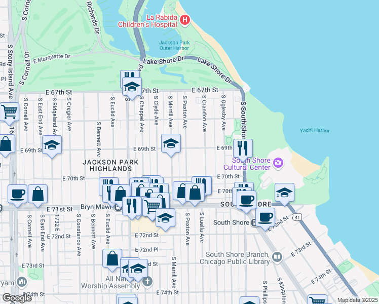 map of restaurants, bars, coffee shops, grocery stores, and more near 6917 South Paxton Avenue in Chicago