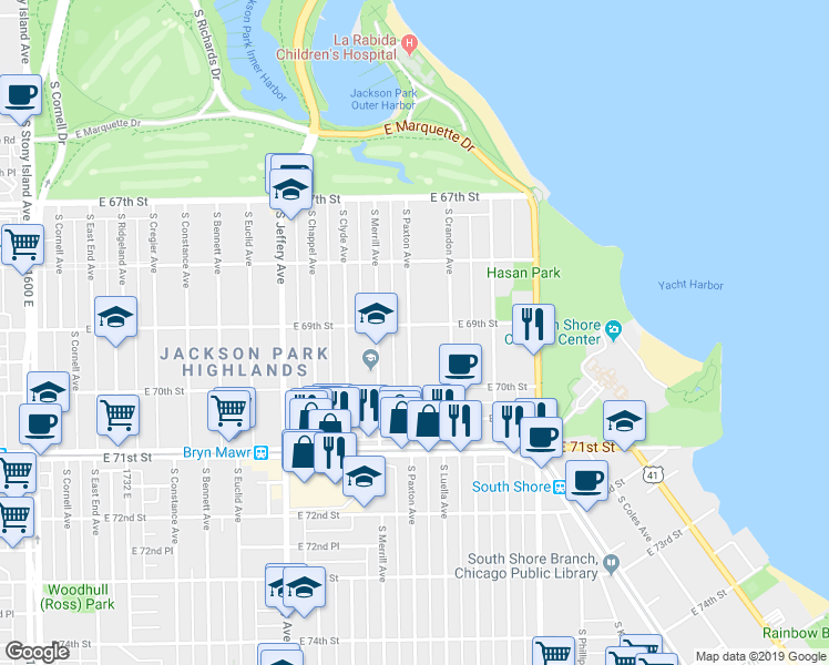 map of restaurants, bars, coffee shops, grocery stores, and more near 6917 South Paxton Avenue in Chicago