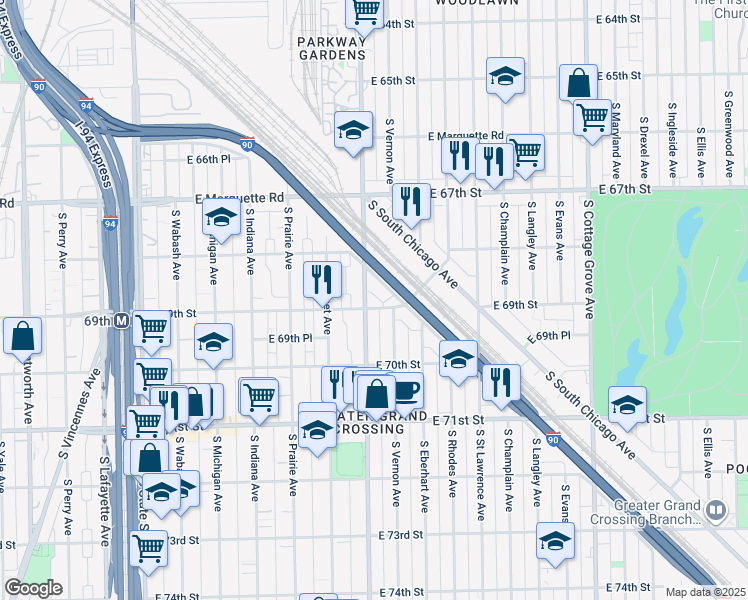 map of restaurants, bars, coffee shops, grocery stores, and more near 6909 South King Drive in Chicago