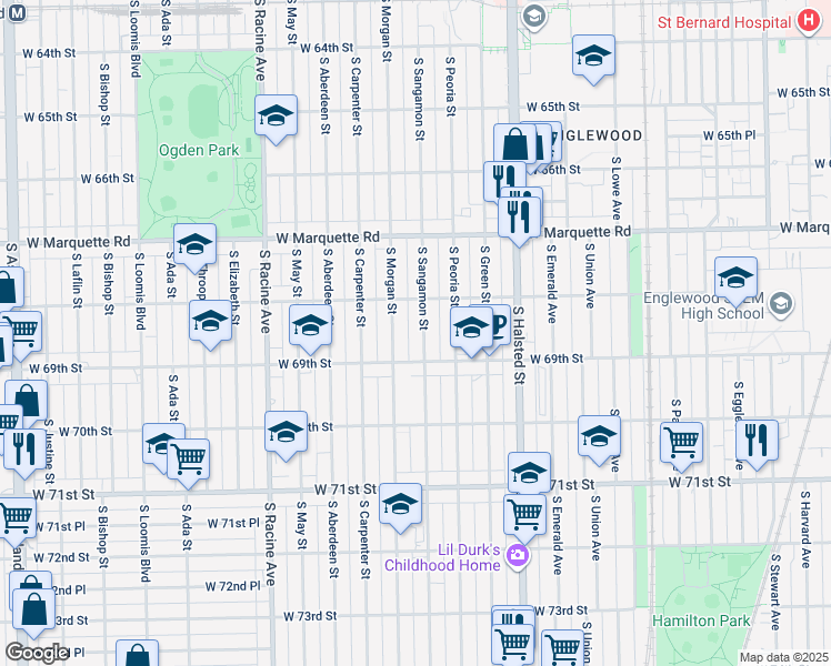 map of restaurants, bars, coffee shops, grocery stores, and more near 922 West 69th Street in Chicago