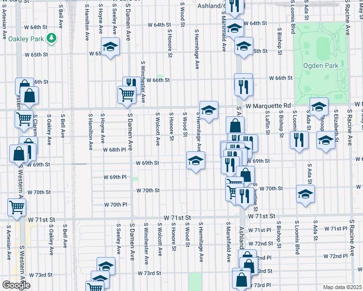 map of restaurants, bars, coffee shops, grocery stores, and more near 6844 South Wood Street in Chicago