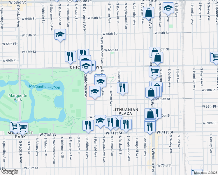 map of restaurants, bars, coffee shops, grocery stores, and more near 6834 South Talman Avenue in Chicago