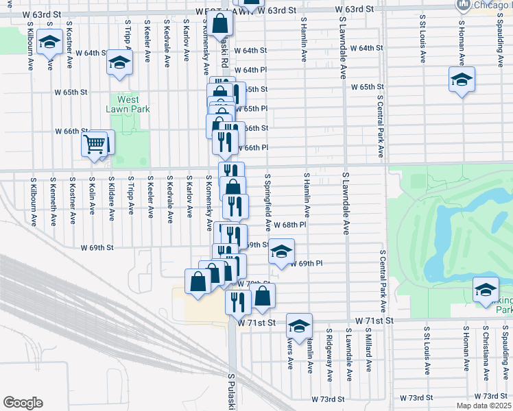map of restaurants, bars, coffee shops, grocery stores, and more near 3938 West 68th Place in Chicago
