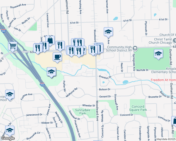 map of restaurants, bars, coffee shops, grocery stores, and more near 2038 Prentiss Drive in Downers Grove