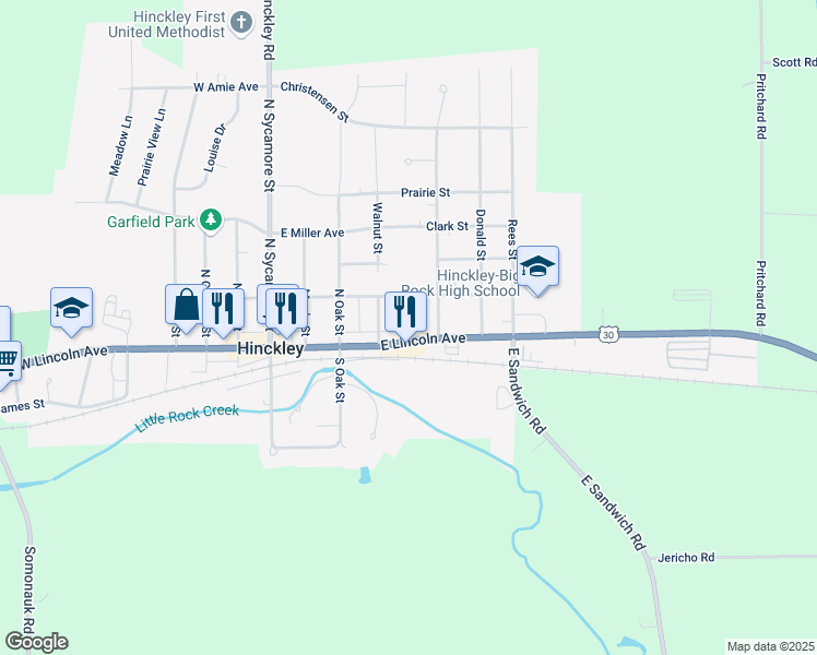 map of restaurants, bars, coffee shops, grocery stores, and more near 475 East Lincoln Avenue in Hinckley