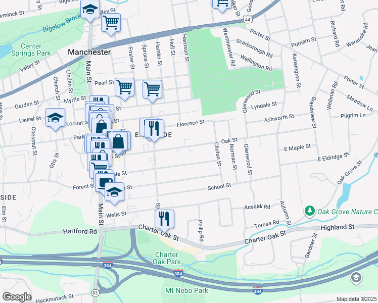 map of restaurants, bars, coffee shops, grocery stores, and more near 159 Maple Street in Manchester