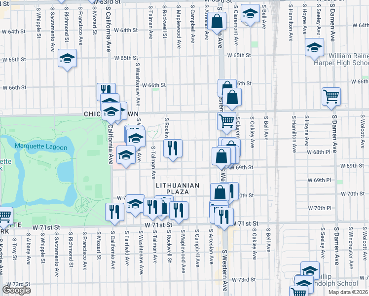 map of restaurants, bars, coffee shops, grocery stores, and more near 6815 South Maplewood Avenue in Chicago