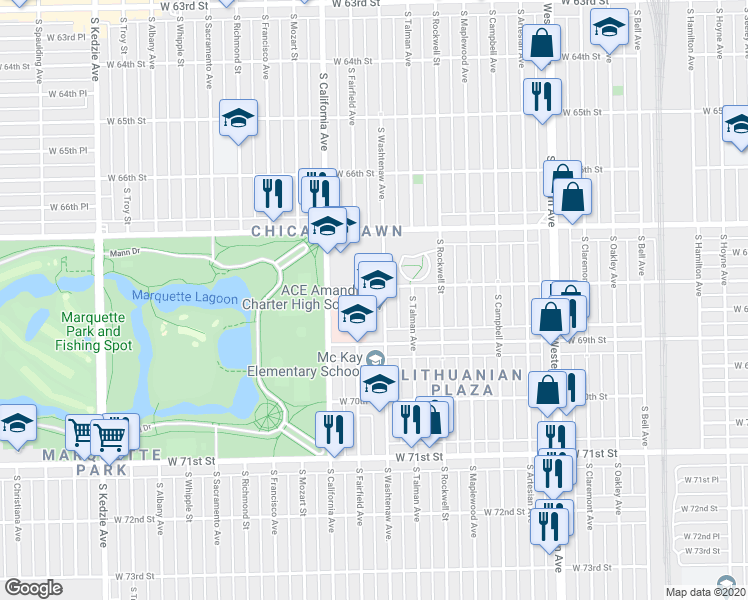 map of restaurants, bars, coffee shops, grocery stores, and more near 6812 South Washtenaw Avenue in Chicago