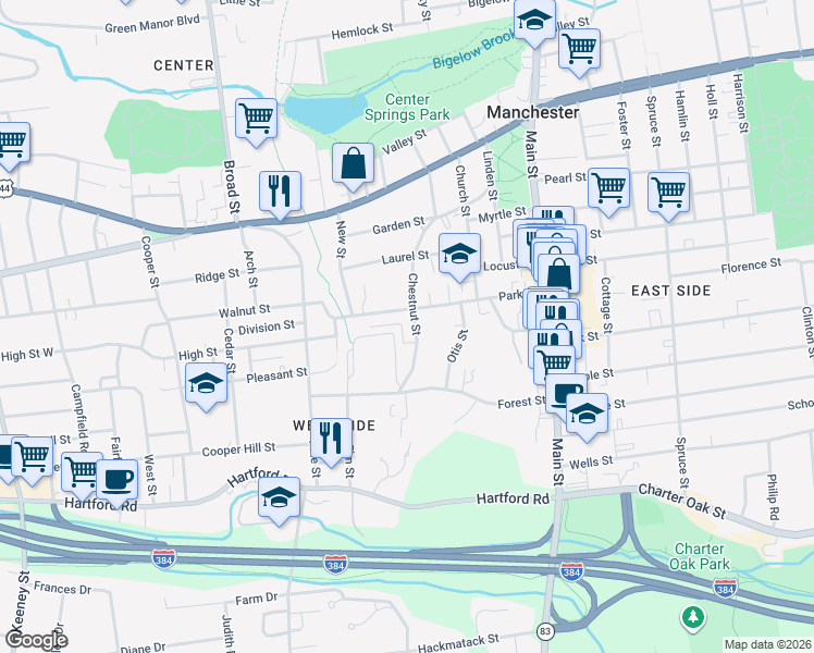 map of restaurants, bars, coffee shops, grocery stores, and more near 143 Chestnut Street in Manchester