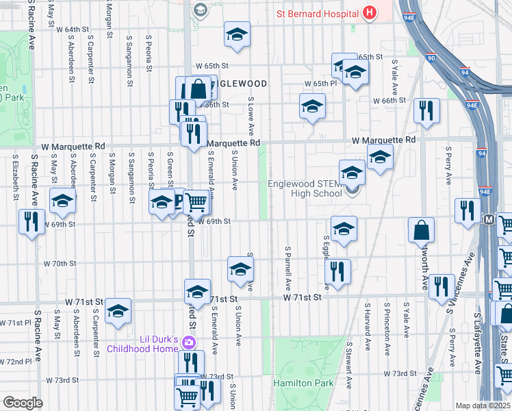 map of restaurants, bars, coffee shops, grocery stores, and more near 6836 South Lowe Avenue in Chicago