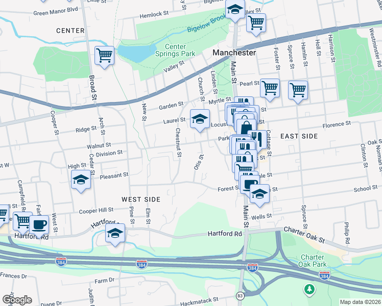 map of restaurants, bars, coffee shops, grocery stores, and more near 20 Otis Street in Manchester