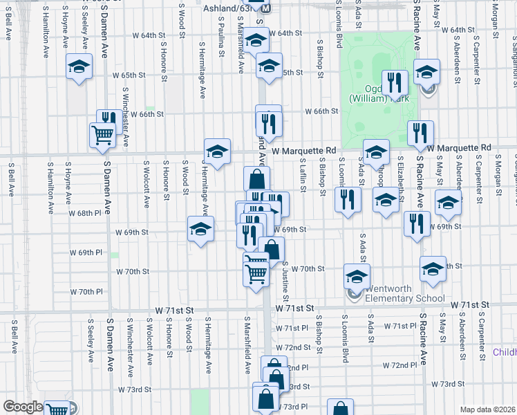 map of restaurants, bars, coffee shops, grocery stores, and more near 6849 South Marshfield Avenue in Chicago