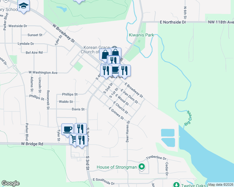 map of restaurants, bars, coffee shops, grocery stores, and more near 202 East Wood Street in Polk City