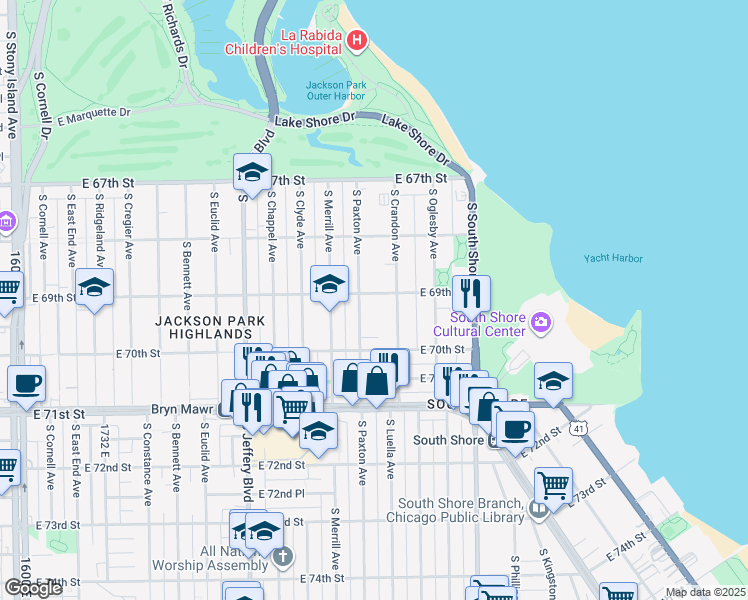 map of restaurants, bars, coffee shops, grocery stores, and more near 6917 South Paxton Avenue in Chicago