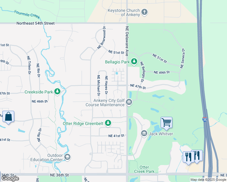 map of restaurants, bars, coffee shops, grocery stores, and more near 5002 Northeast Milligan Lane in Ankeny
