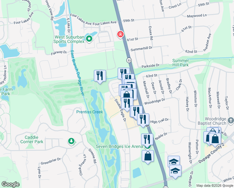 map of restaurants, bars, coffee shops, grocery stores, and more near 3550 Irving Place in Woodridge