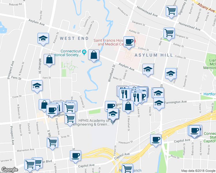 map of restaurants, bars, coffee shops, grocery stores, and more near 49 Woodland Street in Hartford