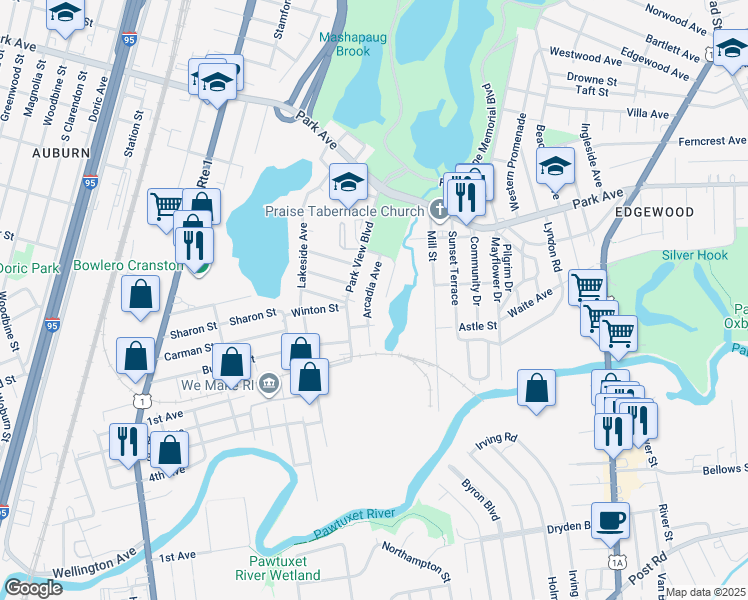map of restaurants, bars, coffee shops, grocery stores, and more near 100 Arcadia Avenue in Cranston