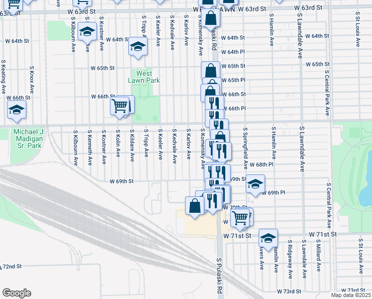 map of restaurants, bars, coffee shops, grocery stores, and more near 6758 South Karlov Avenue in Chicago