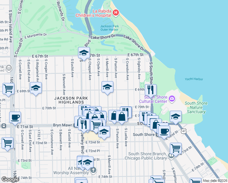 map of restaurants, bars, coffee shops, grocery stores, and more near 6900 South Paxton Avenue in Chicago