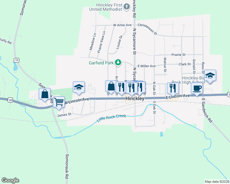 map of restaurants, bars, coffee shops, grocery stores, and more near 335 West Lincoln Avenue in Hinckley