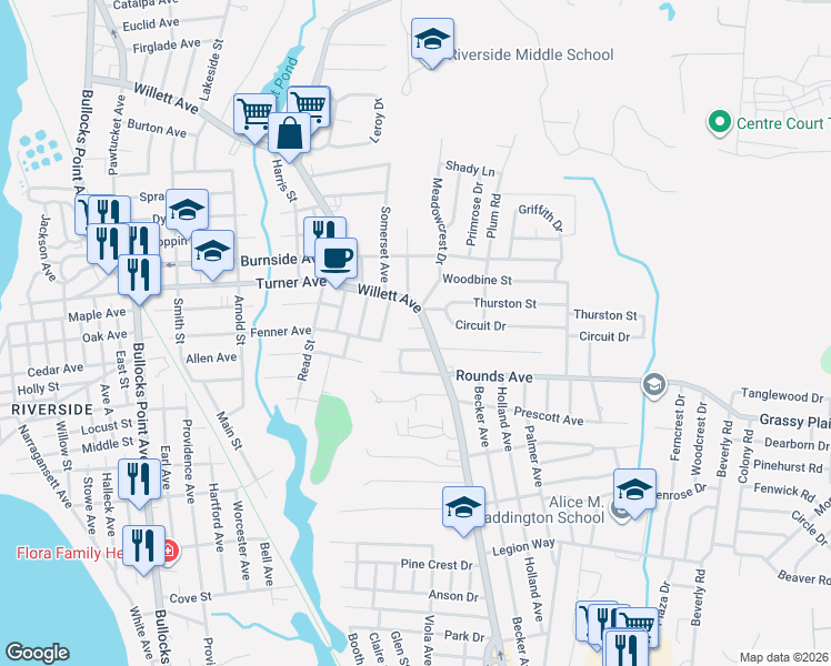 map of restaurants, bars, coffee shops, grocery stores, and more near 6 Florence Street in East Providence