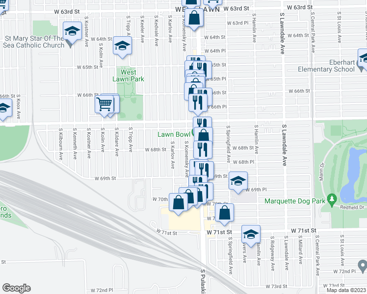 map of restaurants, bars, coffee shops, grocery stores, and more near 6758 South Komensky Avenue in Chicago