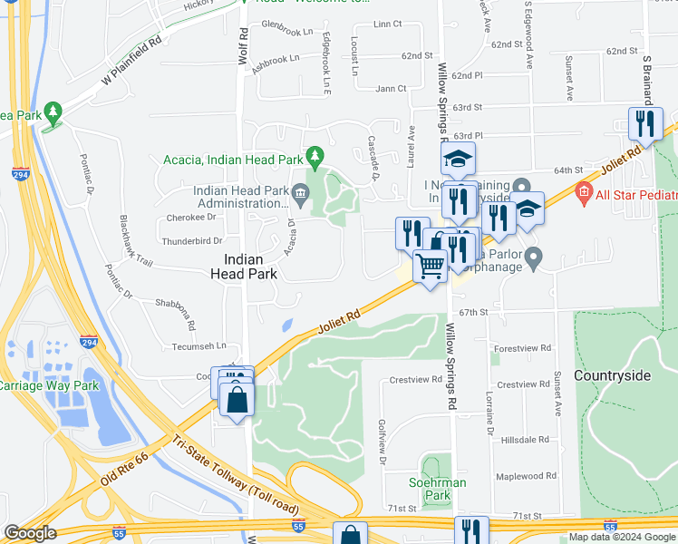 map of restaurants, bars, coffee shops, grocery stores, and more near 111 Acacia Circle in Indian Head Park