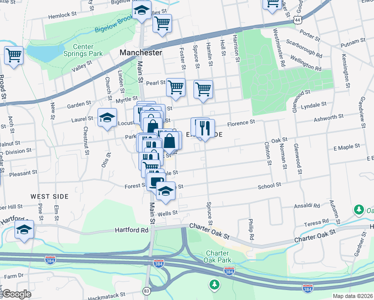 map of restaurants, bars, coffee shops, grocery stores, and more near 61 Oak Street in Manchester
