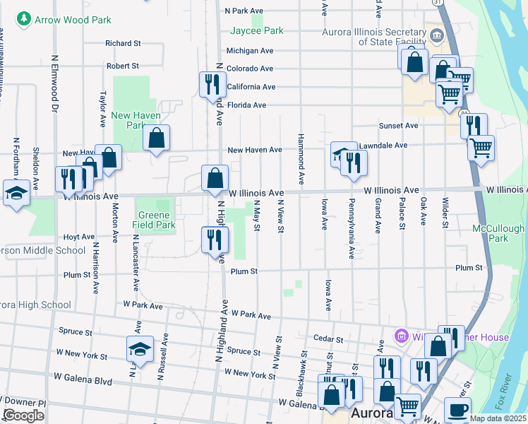 map of restaurants, bars, coffee shops, grocery stores, and more near 610 North View Street in Aurora