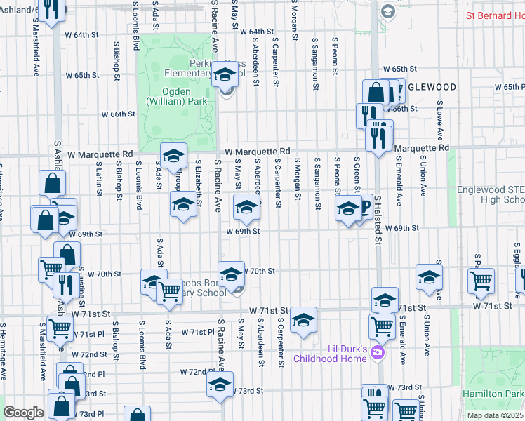 map of restaurants, bars, coffee shops, grocery stores, and more near 1038 West 69th Street in Chicago
